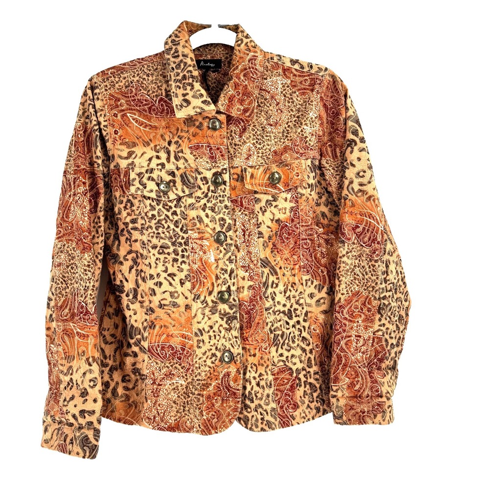 Analogy Paisley Leopard Print Button Front Jacket Women's Med Multicolor Stretch